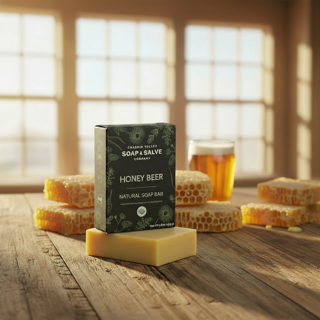 Honey Beer natural soap bar with Chagrin Valley Soap & Salve Company packaging on a white background