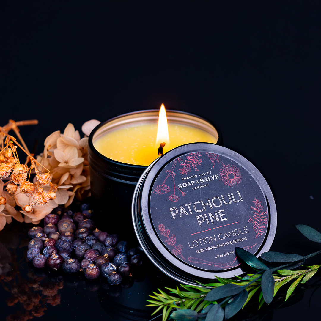 Body Massage Candle: Patchouli Pine – Chagrin Valley Soap Salve