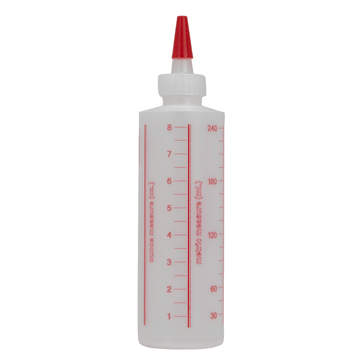 A translucent white squeeze bottle with a red pointed nozzle and red printed measurement markings on the side, shown against a plain white background.