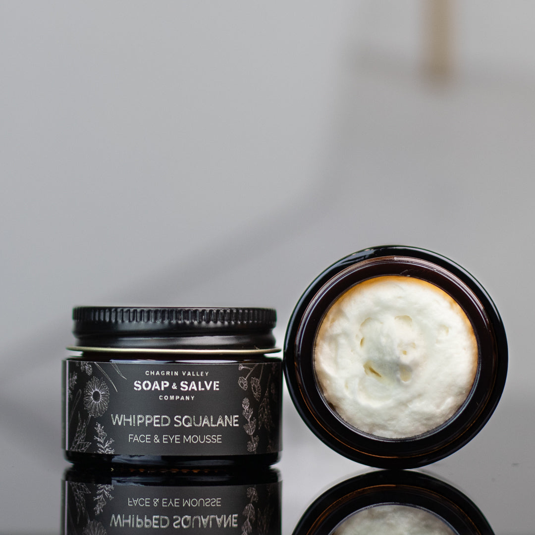 side view of organic whipped squalane face and eye mousse