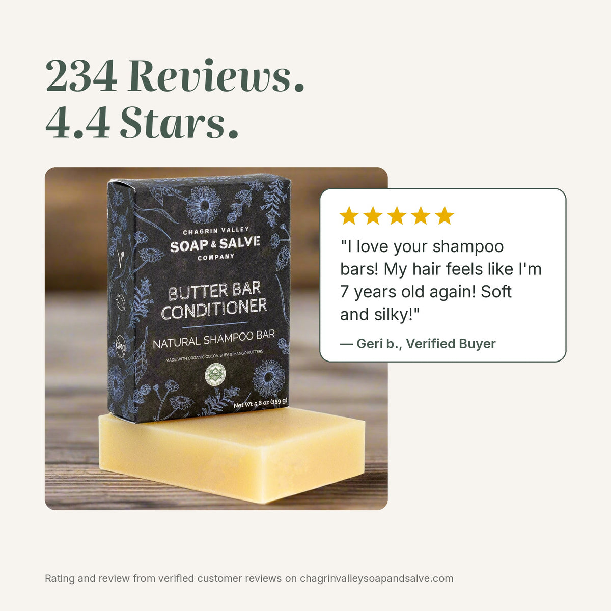 Butter Bar Conditioner rated 4.4 stars from 234 reviews, with a 5-star quote from a verified buyer