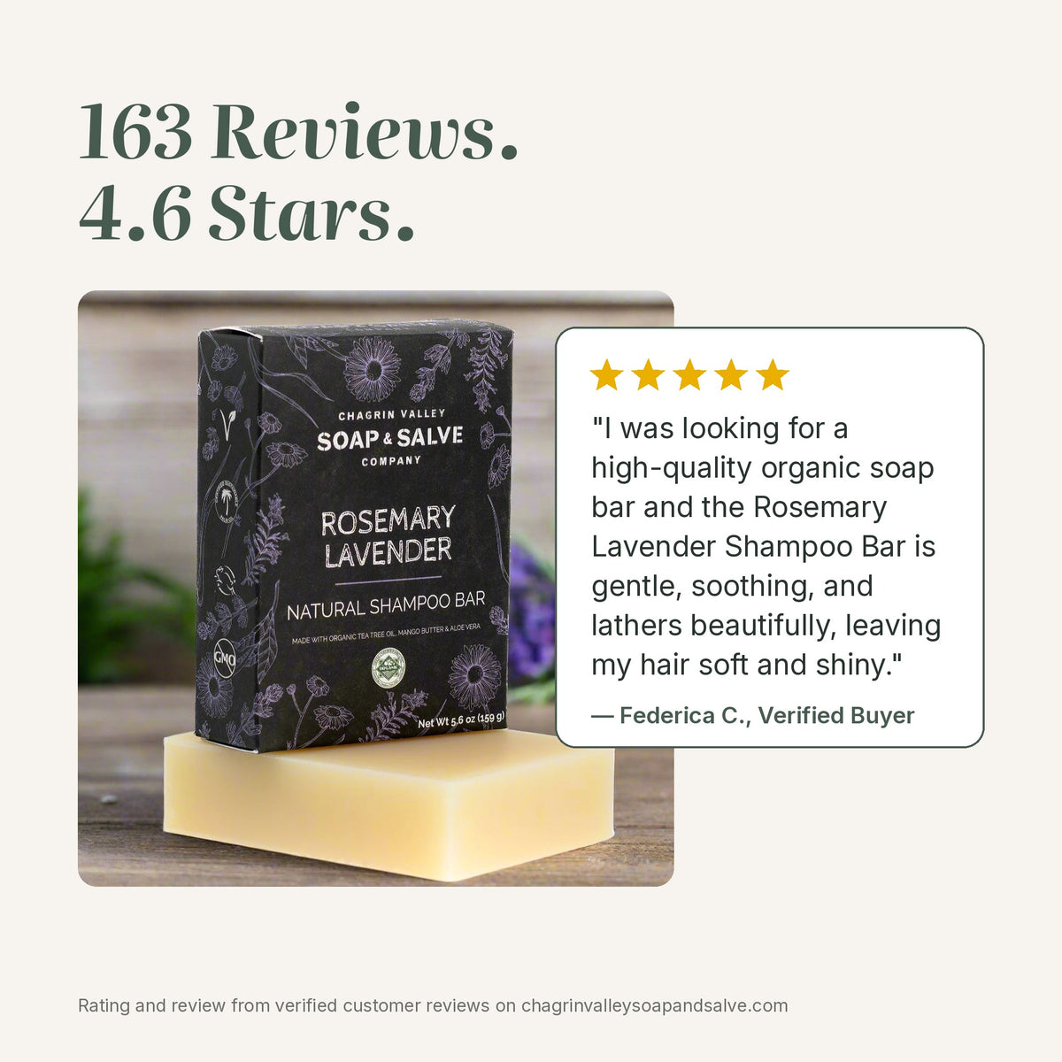 Rosemary Lavender shampoo bar rated 4.6 stars from 163 reviews, with a 5-star quote from a verified buyer