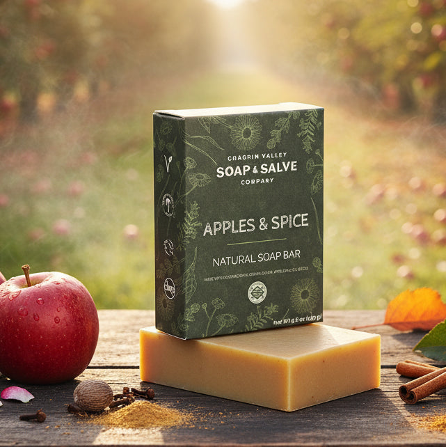 Soap and Salve Company Apples & Spice soap bar with packaging on a wooden surface with apples and cinnamon sticks.