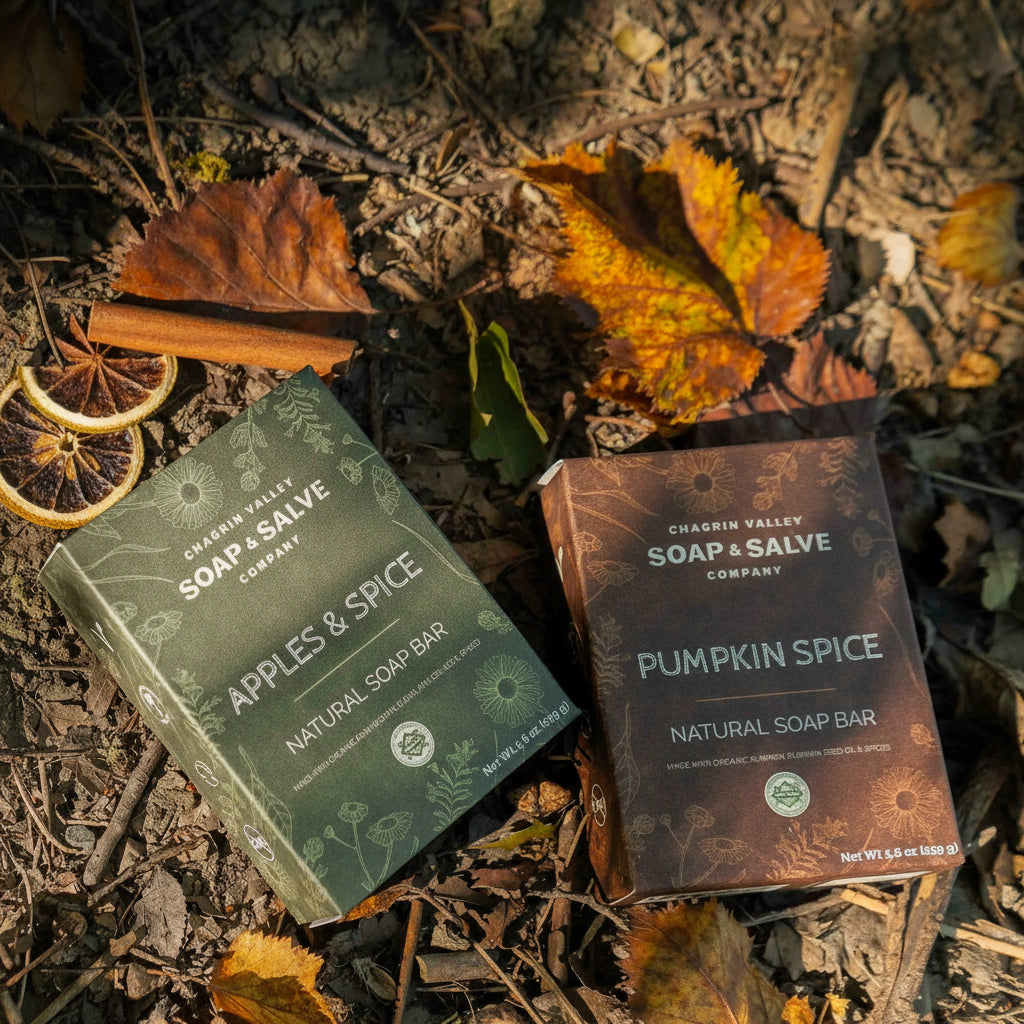 Two soap bars from Chagrin Valley Soap & Salve Company on a leafy ground.