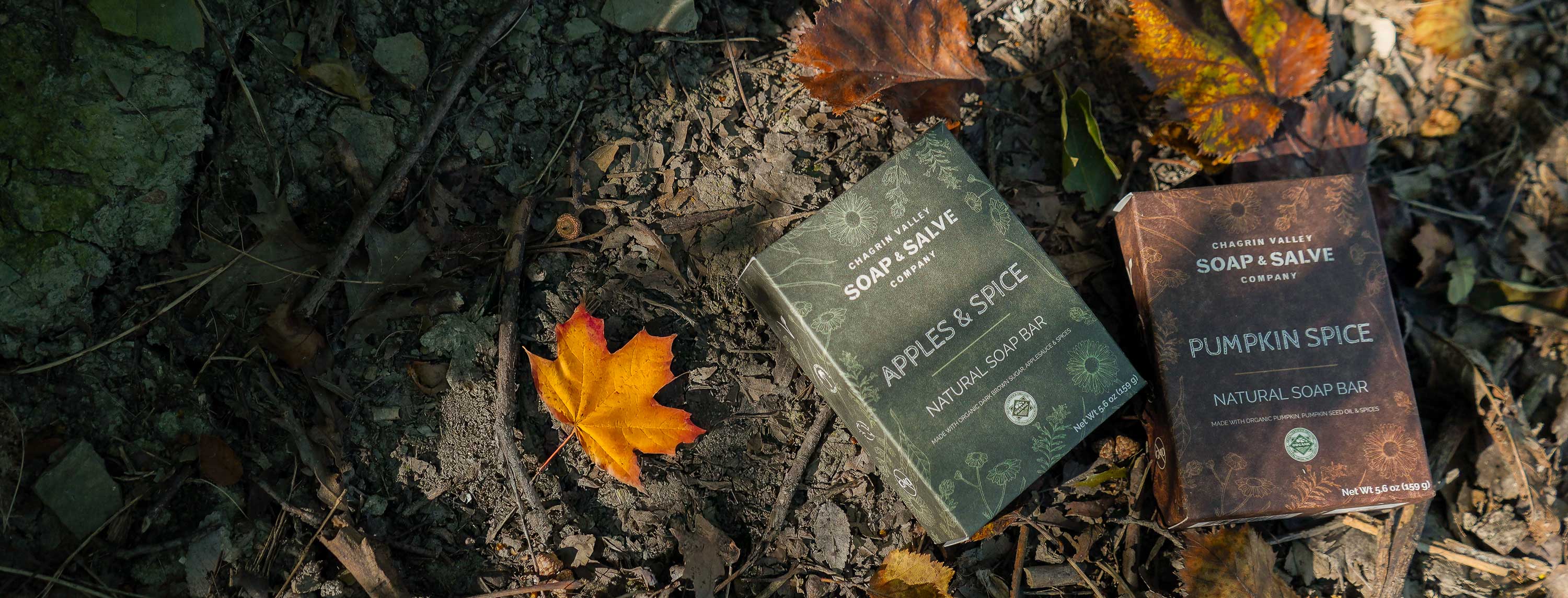 Two soap bars, one labeled 'Apples & Spice' and the other 'Pumpkin Spice', on a leafy ground.