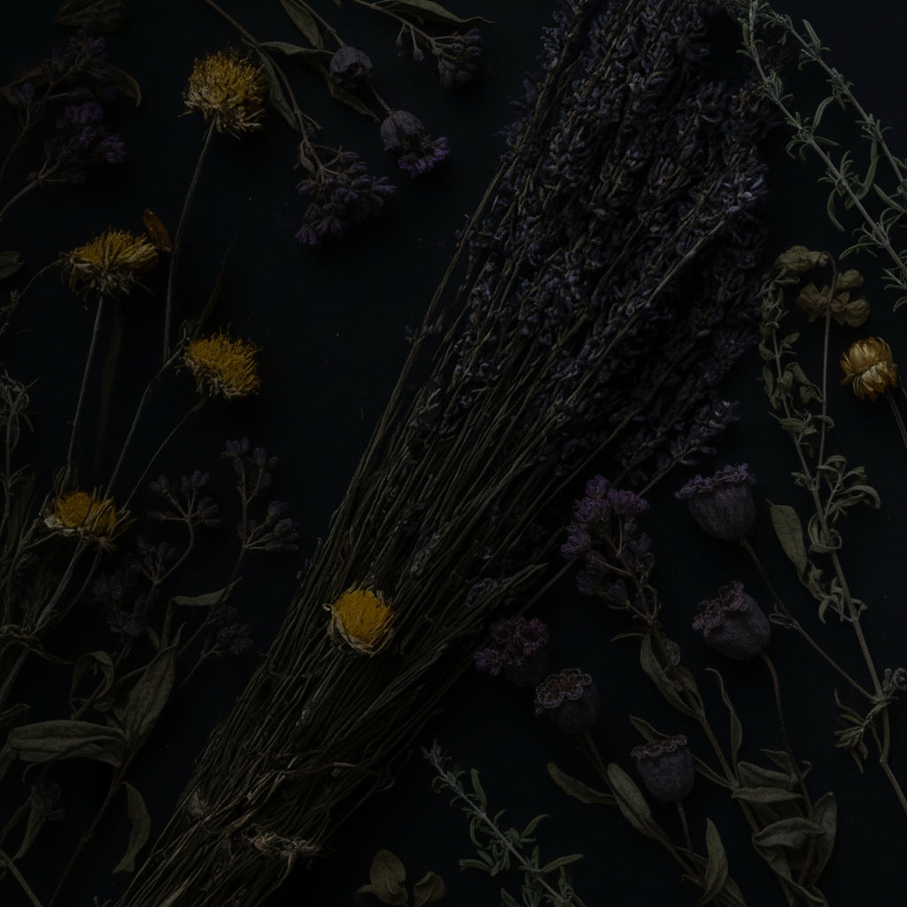 Box of organic soap bars with decorative packaging on a dark surface with lavender and eucalyptus.