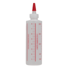 A translucent white squeeze bottle with a red pointed nozzle and red printed measurement markings on the side, shown against a plain white background.
