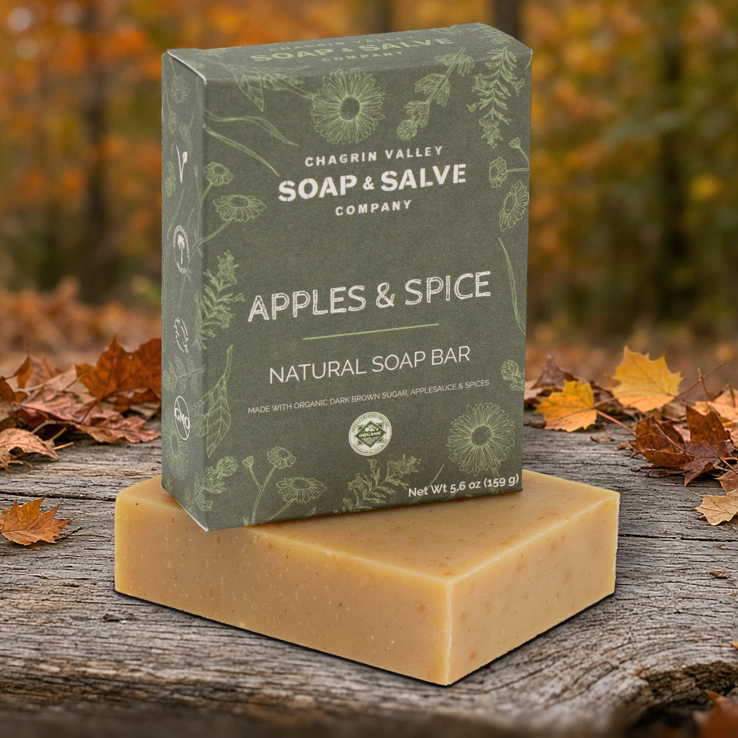 Apples & Spice natural soap bar made with organic dark brown sugar, applesauce and spices, with its green Chagrin Valley Soap & Salve box on weathered wood among autumn leaves