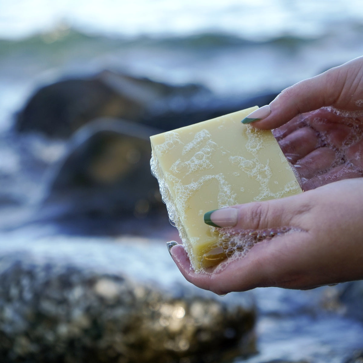 Close-up of a pale Castile & Cocoa soap bar with fresh lather in wet hands