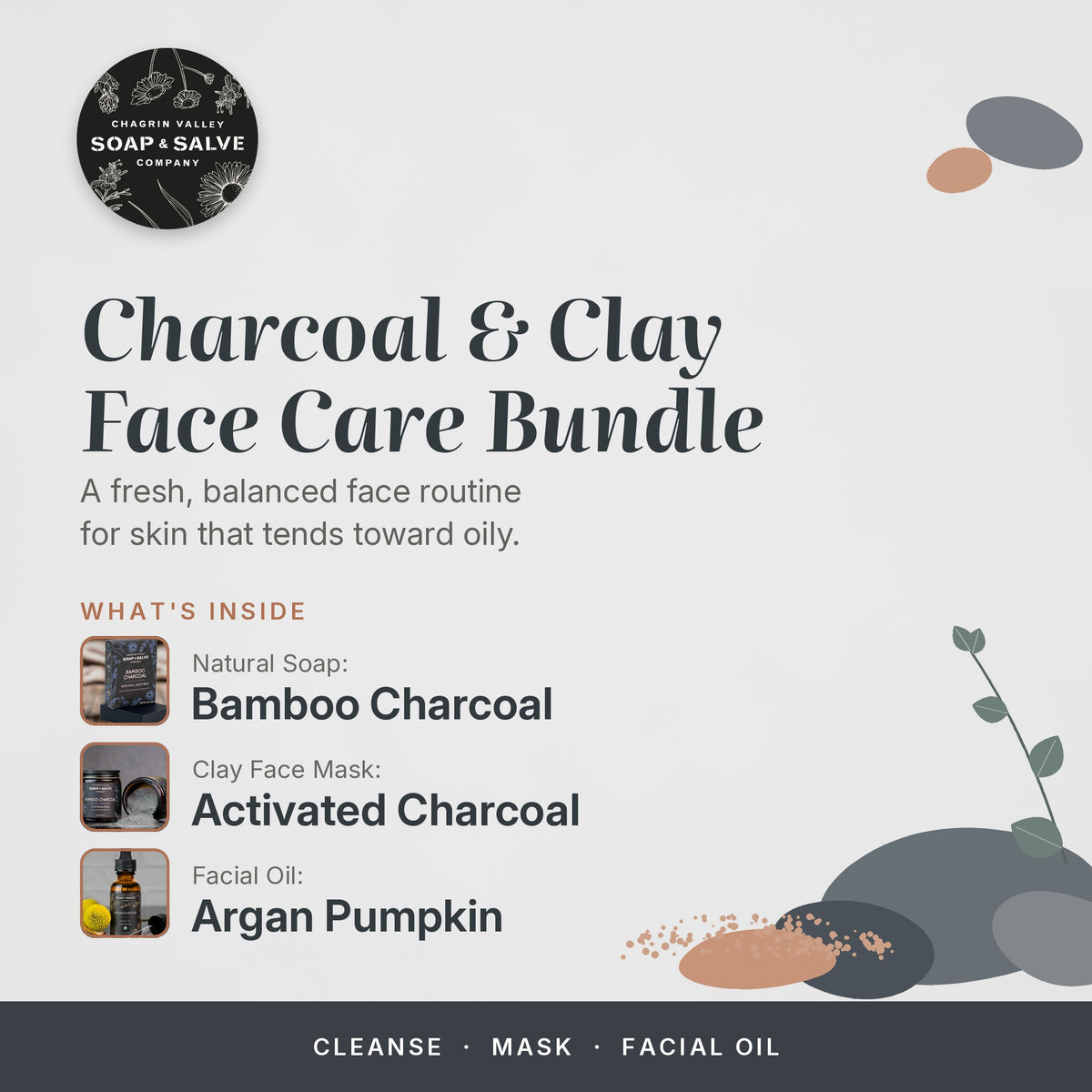 Chagrin Valley Soap & Salve Charcoal & Clay Face Care Bundle graphic with the round brand logo and a small photo of each product: a face routine for skin that tends toward oily with Natural Soap: Bamboo Charcoal, Clay Face Mask: Activated Charcoal and Facial Oil: Argan Pumpkin, shown with slate stone and clay illustrations.