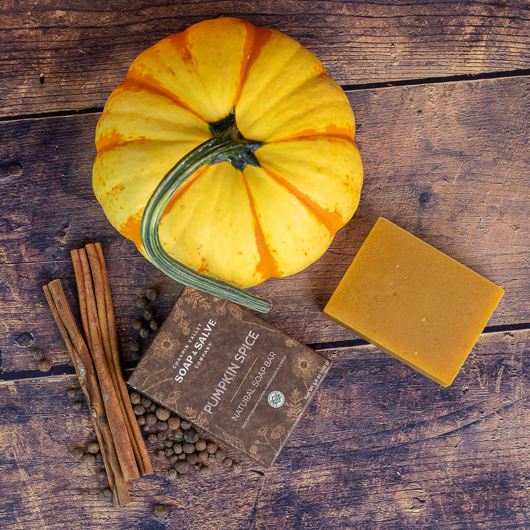 Overhead view of Pumpkin Spice natural soap bar and box with a pumpkin, cinnamon sticks and allspice on rustic wood