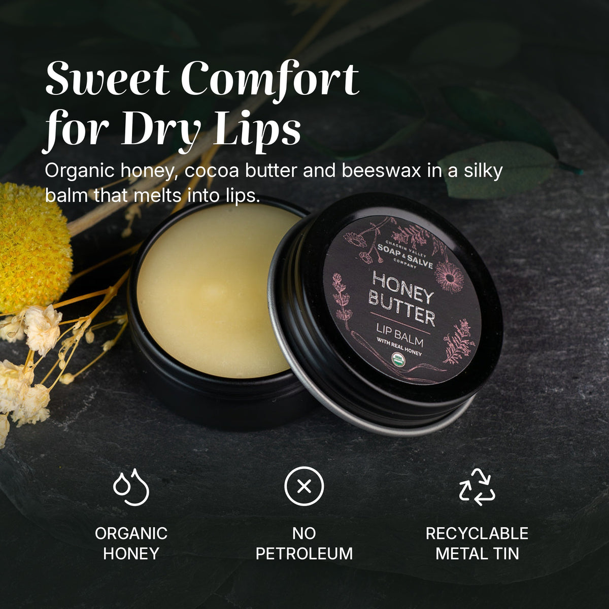 Honey Butter lip balm benefits: organic honey, no petroleum, recyclable metal tin
