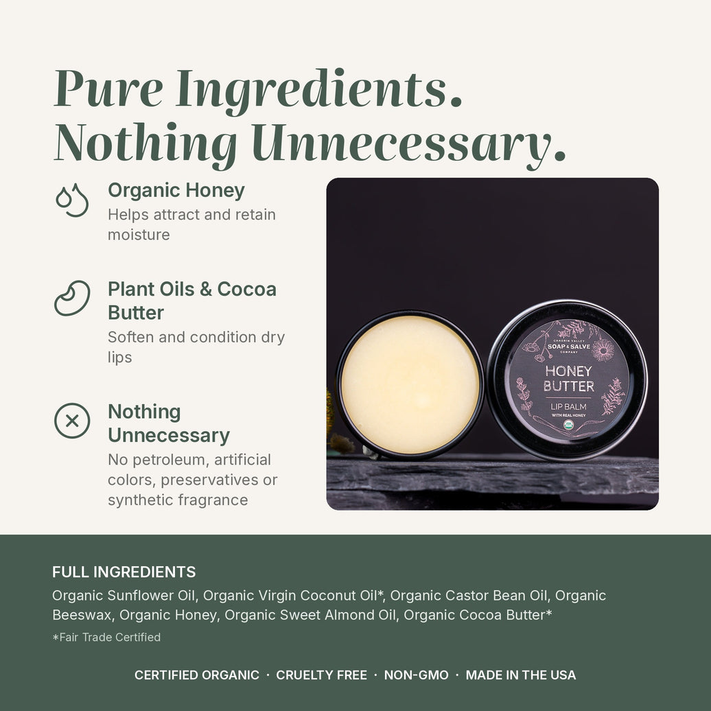 Honey Butter lip balm ingredients: Organic Honey, Plant Oils & Cocoa Butter, plus full ingredient list