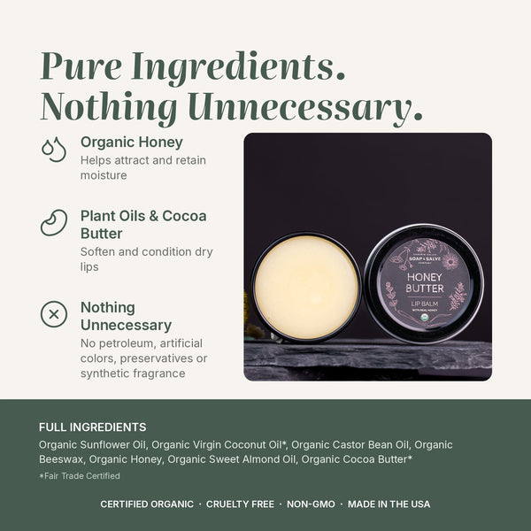 Honey Butter lip balm ingredients: Organic Honey, Plant Oils & Cocoa Butter, plus full ingredient list