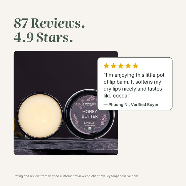 Honey Butter lip balm rated 4.9 stars from 87 reviews, with a 5-star quote from a verified buyer