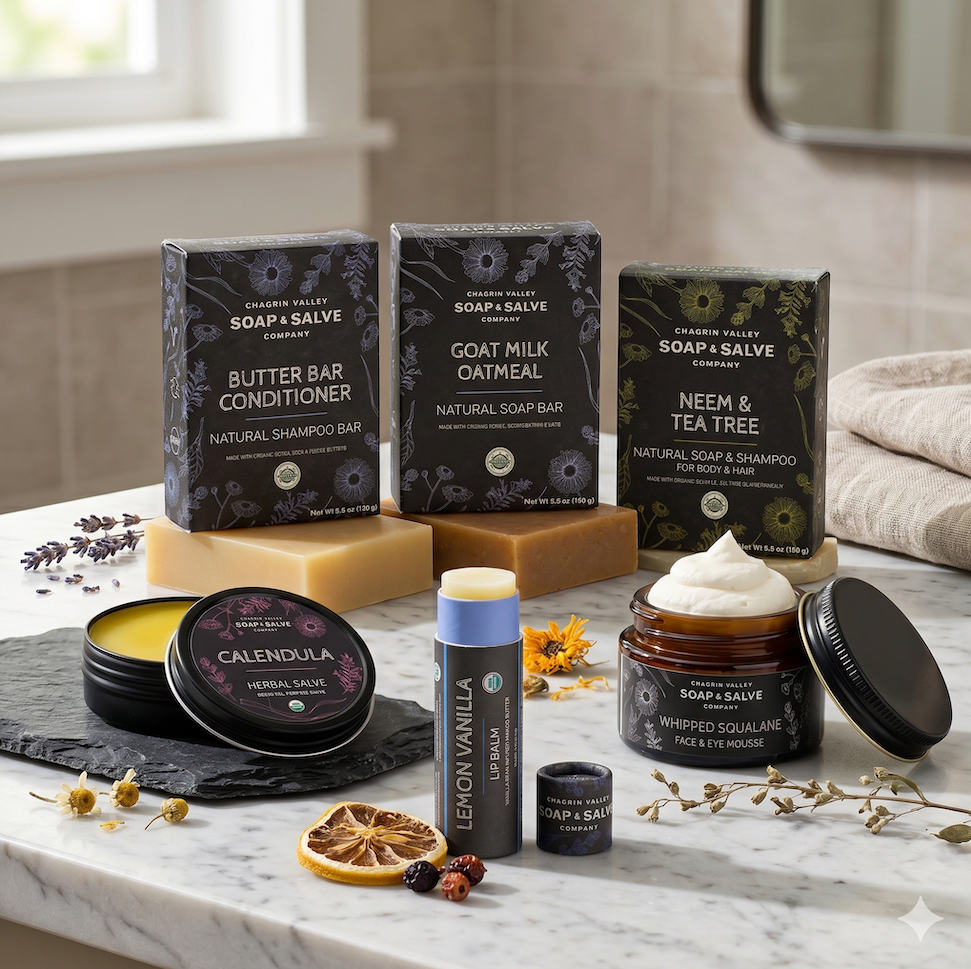organic skincare on bathroom counter 