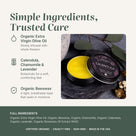Calendula salve ingredients: organic olive oil, calendula, chamomile, lavender and beeswax, full list
