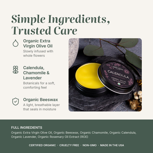 Calendula salve ingredients: organic olive oil, calendula, chamomile, lavender and beeswax, full list