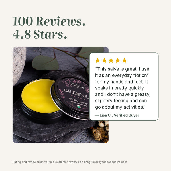 Calendula herbal salve rated 4.8 stars from 100 reviews, with a 5-star quote from a verified buyer