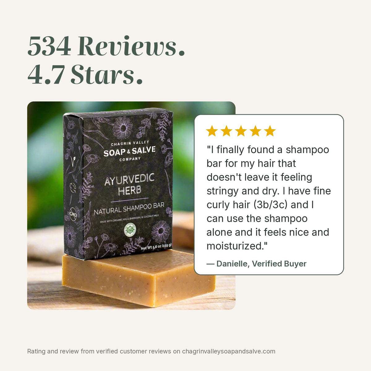 Ayurvedic Herb shampoo bar rated 4.7 stars from 534 reviews, with a 5-star quote from a verified buyer