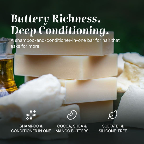 Butter Bar Conditioner benefits: shampoo & conditioner in one, cocoa, shea & mango butters, sulfate- & silicone-free