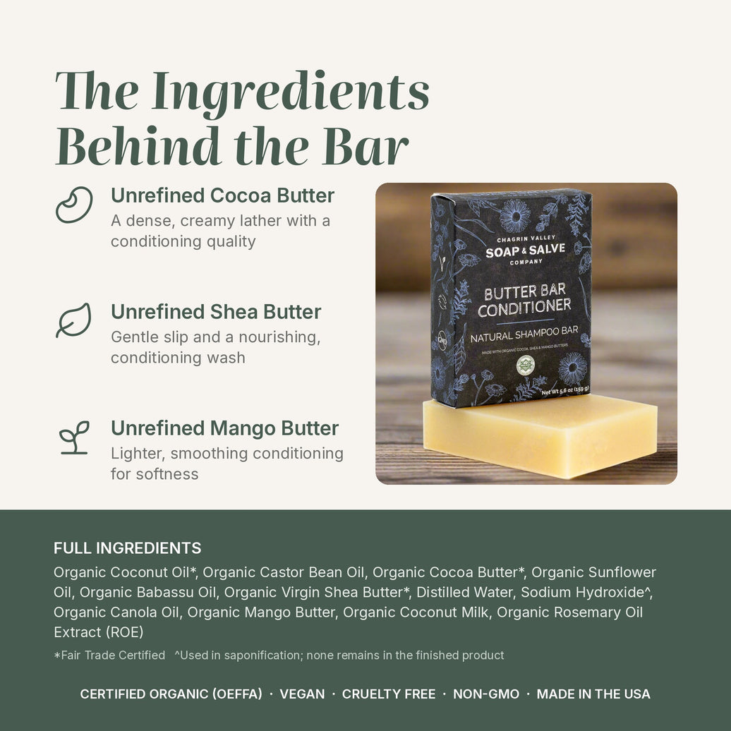 Butter Bar Conditioner ingredients: Cocoa Butter, Shea Butter, Mango Butter, plus full ingredient list