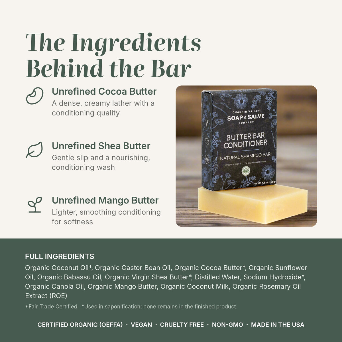 Butter Bar Conditioner ingredients: Cocoa Butter, Shea Butter, Mango Butter, plus full ingredient list