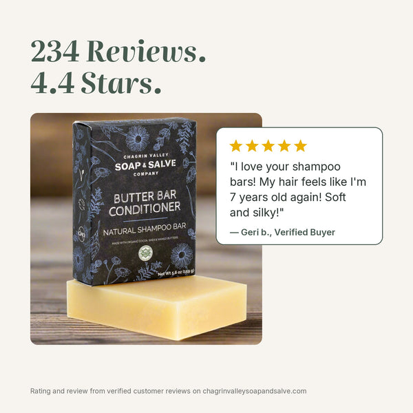 Butter Bar Conditioner rated 4.4 stars from 234 reviews, with a 5-star quote from a verified buyer