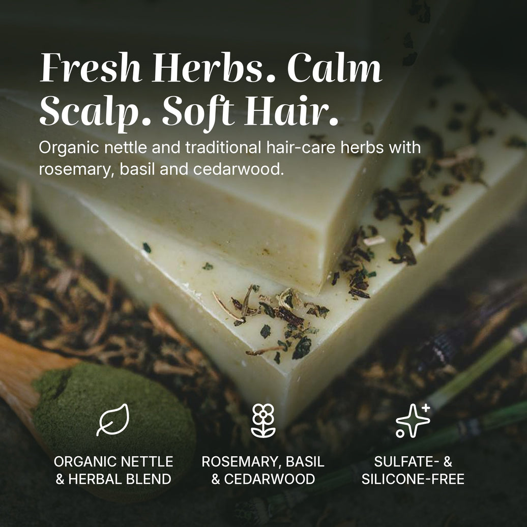 Nettle shampoo bar benefits: organic nettle & herbal blend, rosemary, basil & cedarwood, sulfate- & silicone-free