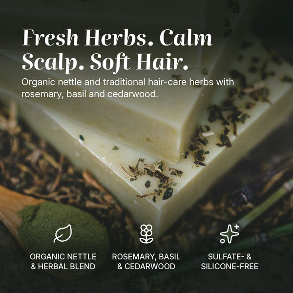 Nettle shampoo bar benefits: organic nettle & herbal blend, rosemary, basil & cedarwood, sulfate- & silicone-free
