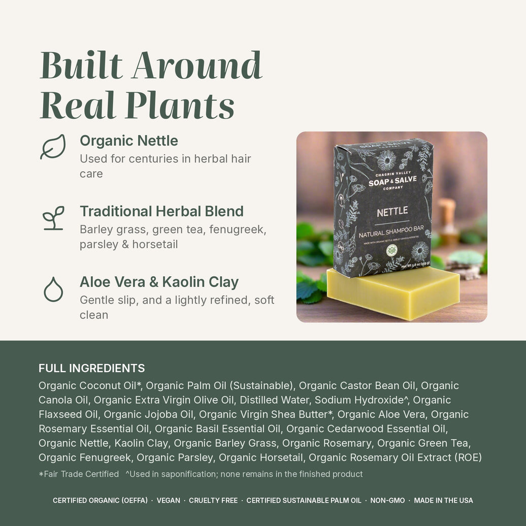Nettle shampoo bar ingredients: Organic Nettle, Traditional Herbal Blend, Aloe Vera & Kaolin Clay, plus full ingredient list