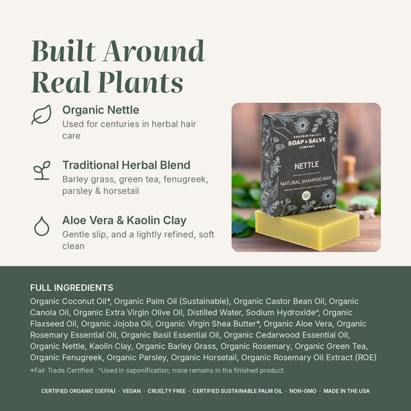 Nettle shampoo bar ingredients: Organic Nettle, Traditional Herbal Blend, Aloe Vera & Kaolin Clay, plus full ingredient list