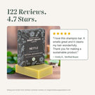 Nettle shampoo bar rated 4.7 stars from 122 reviews, with a 5-star quote from a verified buyer