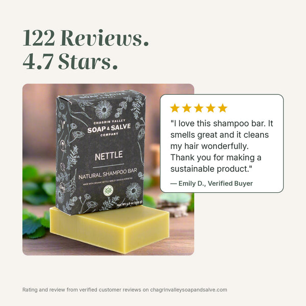 Nettle shampoo bar rated 4.7 stars from 122 reviews, with a 5-star quote from a verified buyer