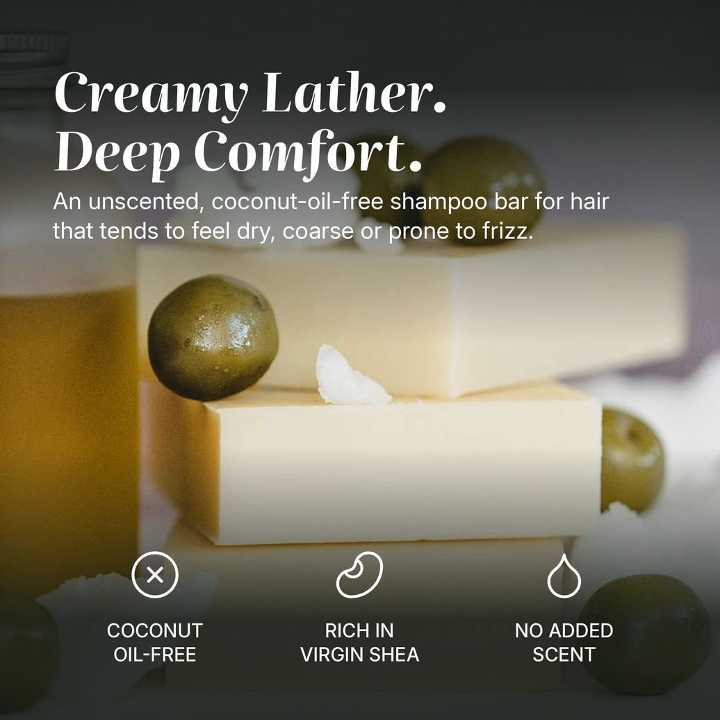 Olive & Babassu shampoo bar benefits: coconut oil-free, rich in virgin shea, no added scent