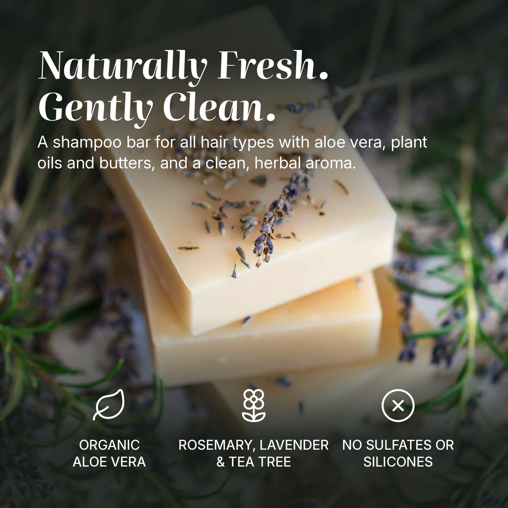 Rosemary Lavender shampoo bar benefits: organic aloe vera, rosemary, lavender & tea tree, no sulfates