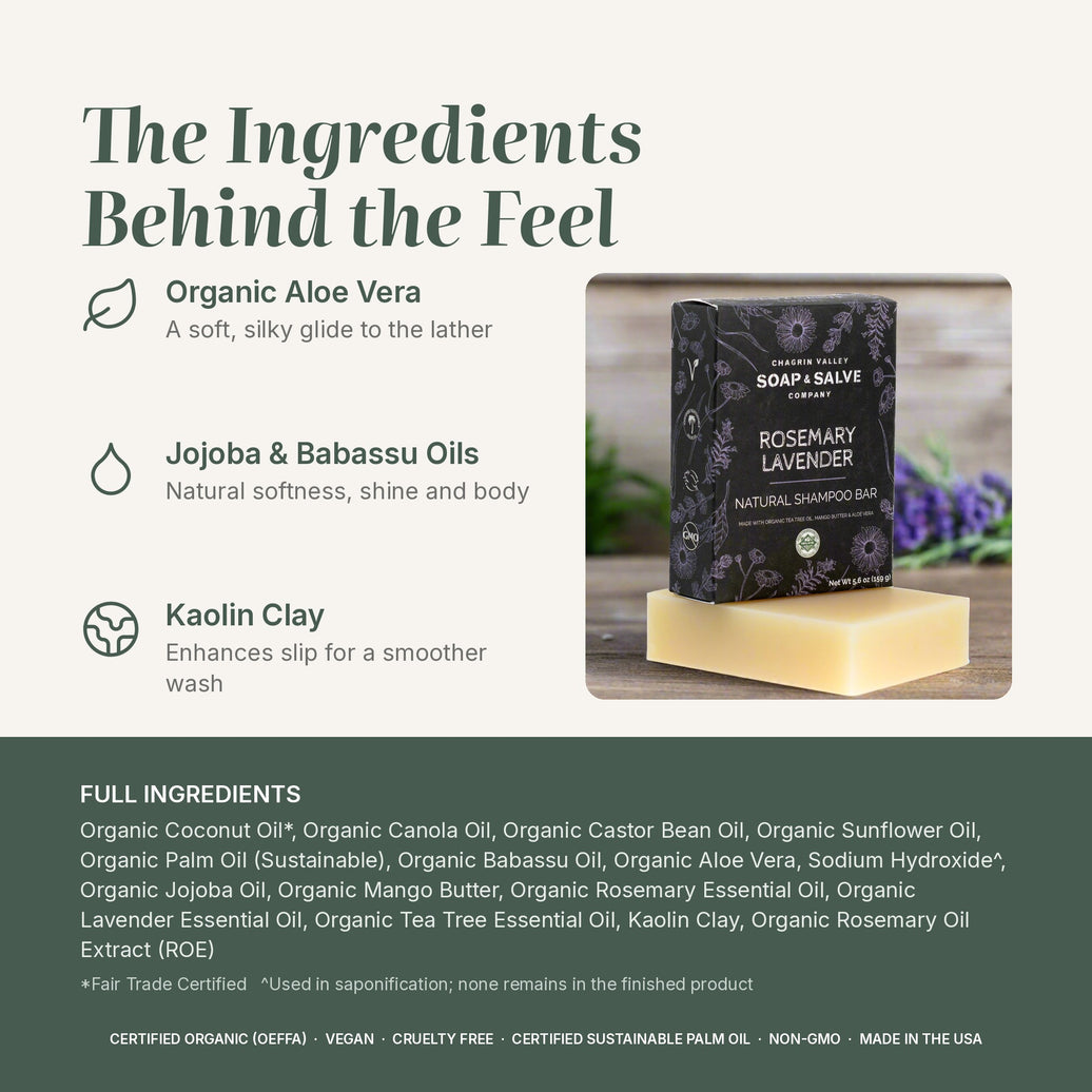 Rosemary Lavender shampoo bar ingredients: aloe vera, jojoba & babassu oils, kaolin clay, full list