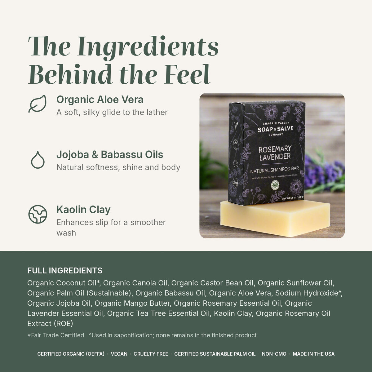 Rosemary Lavender shampoo bar ingredients: aloe vera, jojoba & babassu oils, kaolin clay, full list