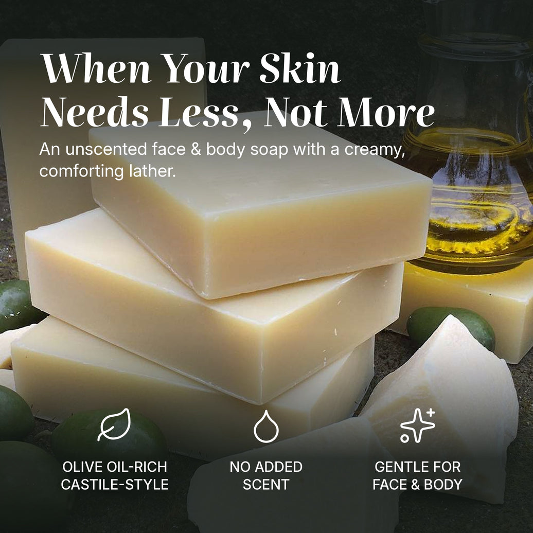 Castile & Cocoa soap benefits: olive oil-rich castile-style, no added scent, gentle for face & body