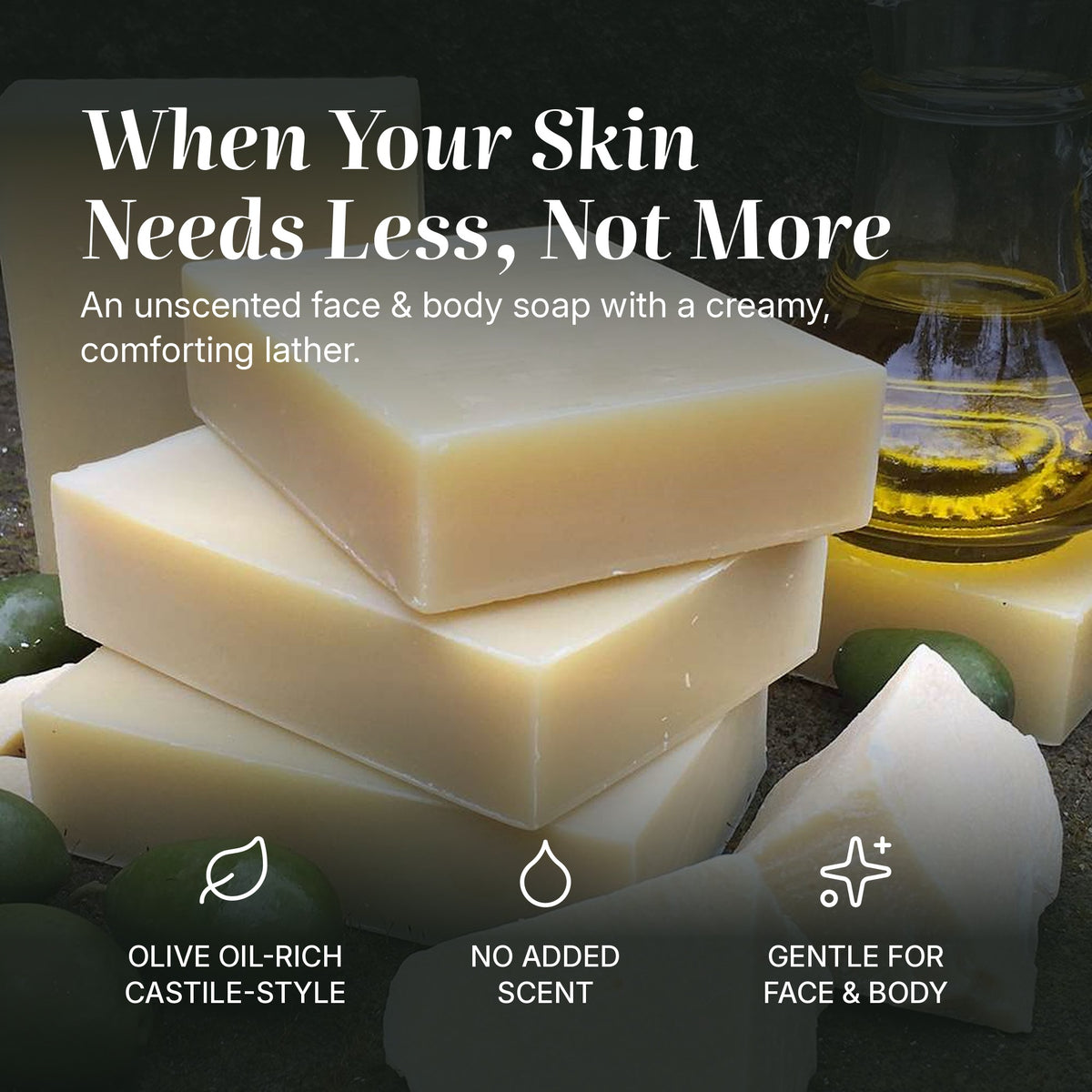 Castile & Cocoa soap benefits: olive oil-rich castile-style, no added scent, gentle for face & body