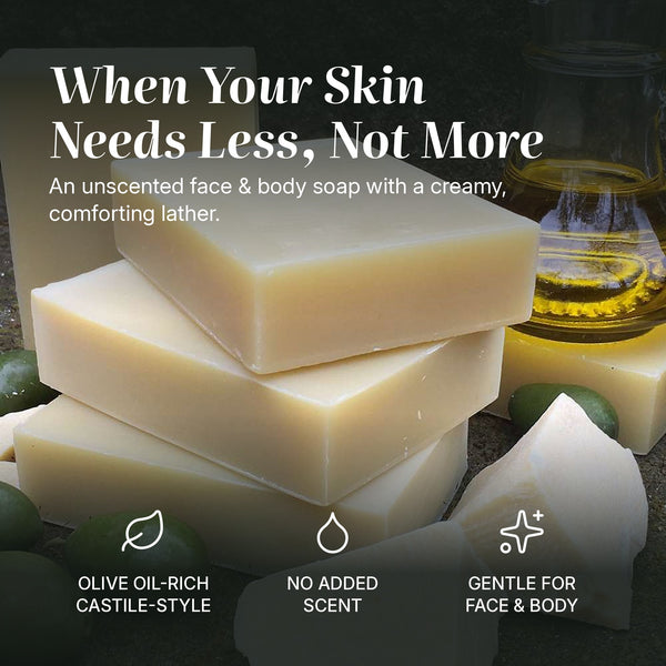 Castile & Cocoa soap benefits: olive oil-rich castile-style, no added scent, gentle for face & body