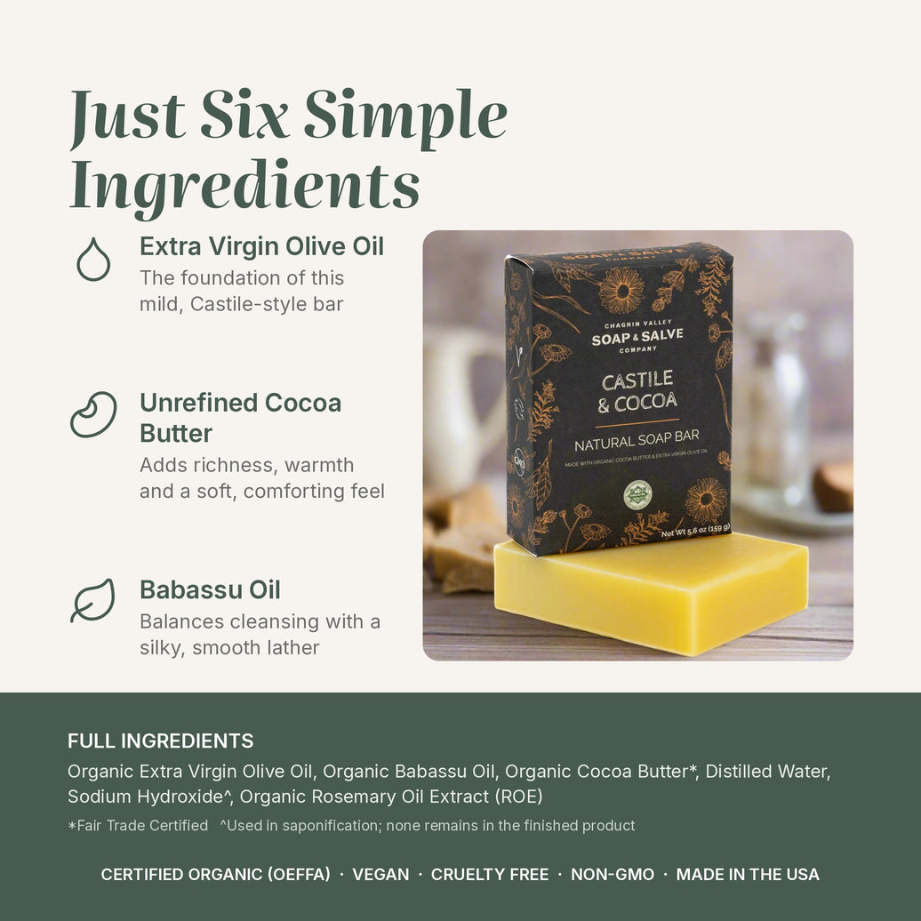 Castile & Cocoa soap ingredients: Extra Virgin Olive Oil, Cocoa Butter, Babassu Oil, plus full ingredient list
