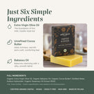 Castile & Cocoa soap ingredients: Extra Virgin Olive Oil, Cocoa Butter, Babassu Oil, plus full ingredient list