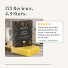 Castile & Cocoa soap rated 4.9 stars from 173 reviews, with a 5-star quote from a verified buyer