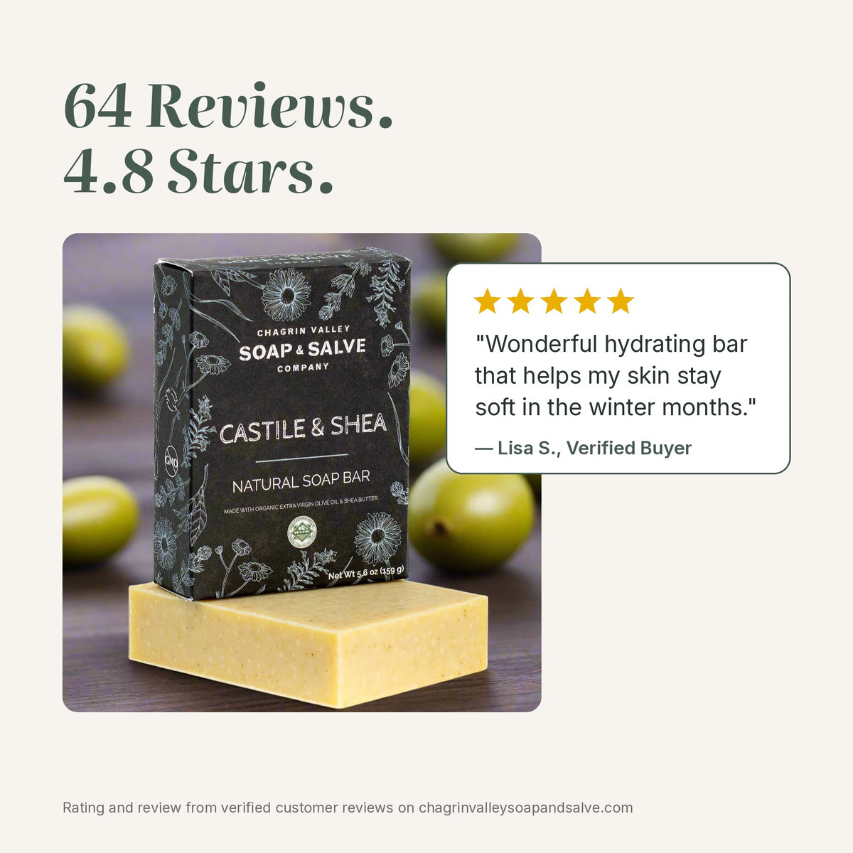 Castile & Shea natural soap rated 4.8 stars from 64 reviews, with a 5-star quote from a verified buyer