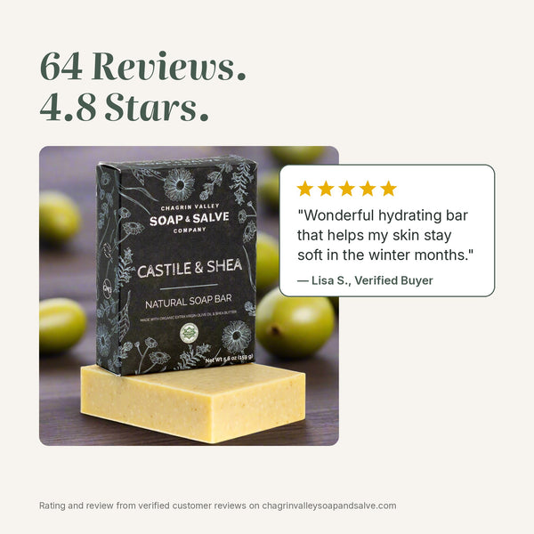 Castile & Shea natural soap rated 4.8 stars from 64 reviews, with a 5-star quote from a verified buyer