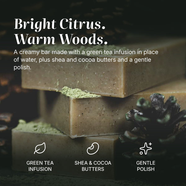 Citrus Woods Green Tea soap benefits: green tea infusion, shea & cocoa butters, gentle polish