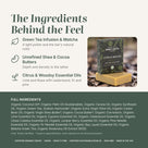 Citrus Woods soap ingredients: green tea & matcha, shea & cocoa butters, citrus and woodsy oils, full list