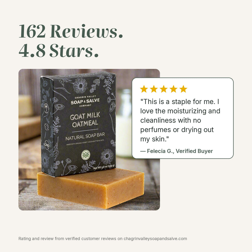 Goat Milk Oatmeal natural soap rated 4.8 stars from 162 reviews, with a 5-star quote from a verified buyer