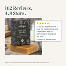 Goat Milk Oatmeal natural soap rated 4.8 stars from 162 reviews, with a 5-star quote from a verified buyer